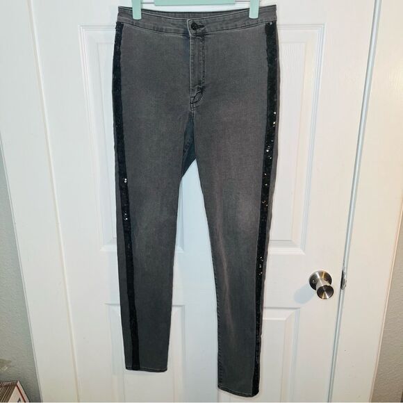 H&M Divided Sequin Tuxedo Stripe Slim High Waist Skinny Jeans Dark Grey 8 - Picture 5 of 12